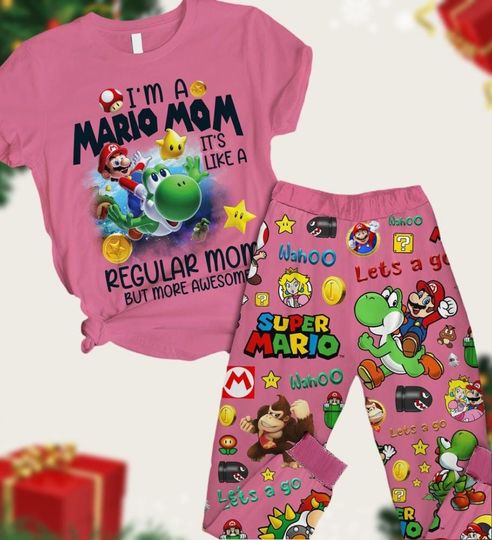Super Mario Christmas Pajamas, I'm A Mario Mom T-Shirt Pants Set, Mario Game Character Pj Set Pants, Magic Kingdom Xmas Gift