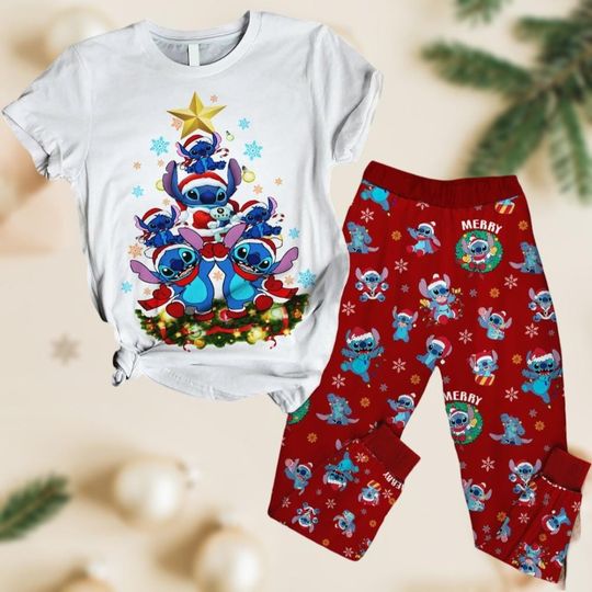Stitch Christmas Pajamas, Merry Stitchmas Long Pajamas, Disney Cartoon Santa Hat T-Shirt Pants Set, Magic Kingdom Xmas Gift