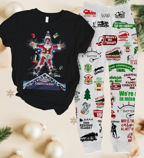 Griswold Christmas Pajamas, National Lampoon's Vacation T-Shirt Pants Set, Tv Series Xmas Pj Set Family,  Clark Griswold Pj Set Pant
