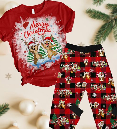 Chip And Dale Christmas Pajamas, Disney Chip'n Dale Xmas TShirt Pants, Squirrel Cartoon Movie Pj Set, Magic Kingdom Gift