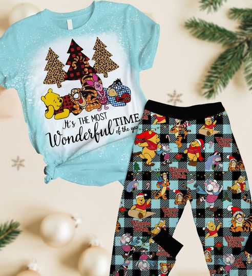 Winnie The Pooh Christmas Pajamas, Pooh Bear Xmas Long Pajamas, Disney Cartoon T-Shirt Pants Set, Magic Kingdom Gift For Women Men Kids