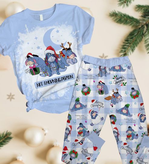 Eeyore Christmas T-Shirt Pants Set, Disney Cartoon Santa Pajamas Set, Winnie The Pooh Movie Pj Set, Eeyore Donkey Xmas Holiday Pajamas
