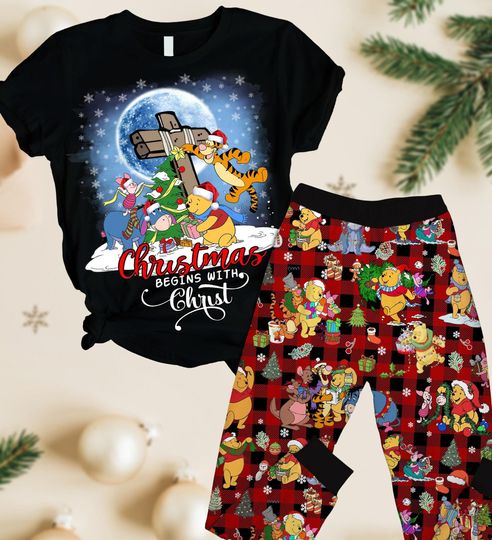 Winnie The Pooh Christmas Pajamas Set, Christmas Begins With Christ T-Shirt Pants, Pooh And Friends Xmas Pj Set, Cartoon Magic Kingdom