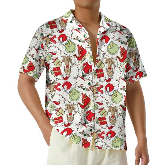 Vintage Santa funny character and Max Hawaiian Shirt, Merry Grin Button Up Shirt, funny character Christmas Aloha Shirt, Christmas Vacation Gift