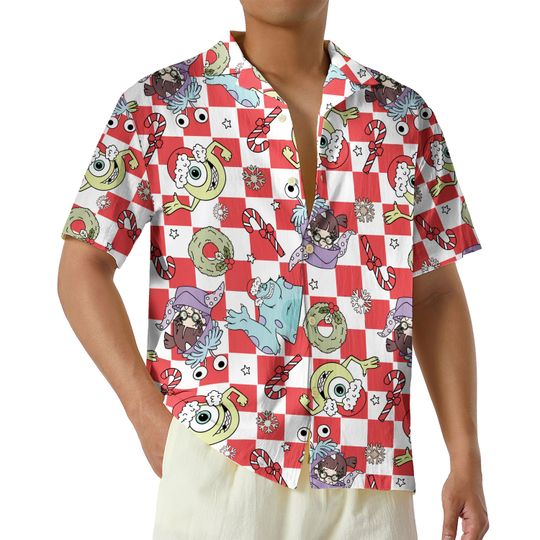 Disney Monsters Inc Christmas Hawaiian Shirt, Mike and Sully Hawaiian Disney Button Up Shirt, Disneyland Christmas Gift