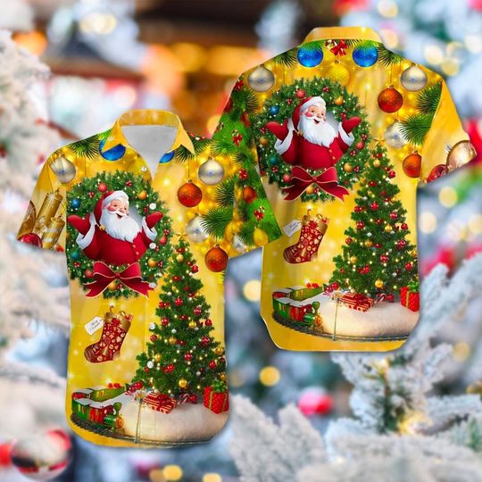Santa Claus Christmas Tree Christmas Hawaii Shirt, Santa Claus Button Up Shirt, Santa Christmas Holiday Hawaiian Shirt, Xmas Party Shirt