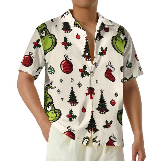 Grin Christmas Hawaiian Shirt, funny character Button Up Shirt, Christmas Gift, Funny funny character Hawaii Shirt, Grin Shirt, Xmas Shirt