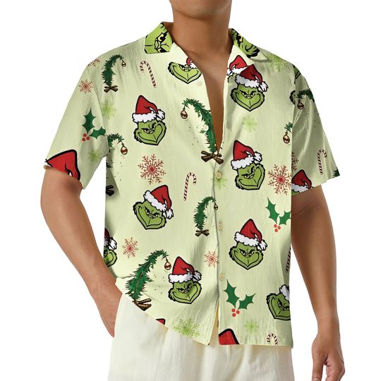 funny character Christmas Hawaiian Shirt, Merry Grin Button Up Shirt, Cute Grin Shirt, Vintage Christmas Party Gift