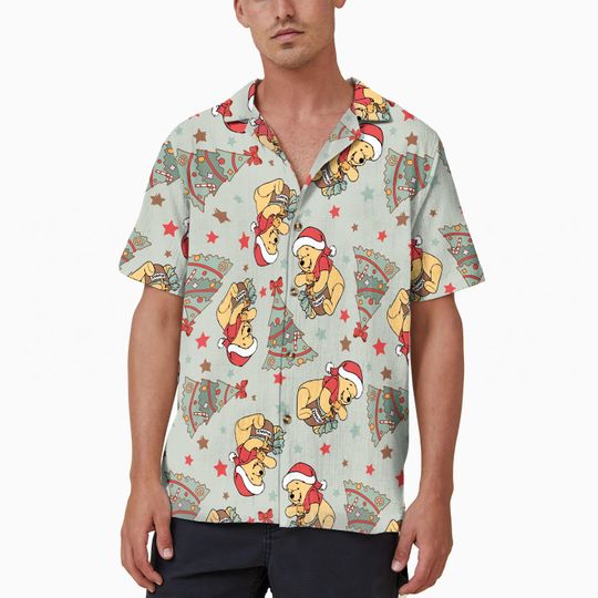 Disney Winnie The Bear Christmas Hawaiian Shirt, Green Hawaiian Disney Button Up Shirt, Disneyland Christmas Gift
