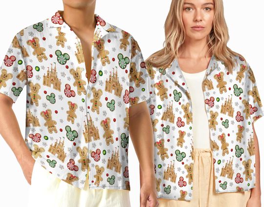 Gingerbread Disney Christmas Hawaiian Shirt, Xmas Disney Snacks Hawaii Shirt, Holiday Vacation Disneyland Button Up Shirt