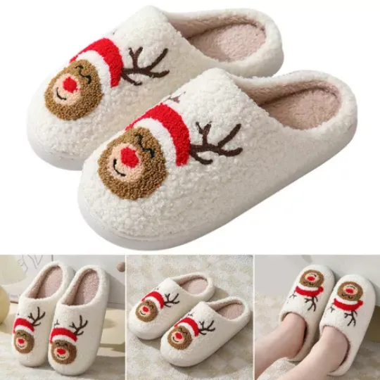 C# Christmas Fuzzy Indoor Slippers Soft Elk Fluffy Fur Slippers for Winter Indoo