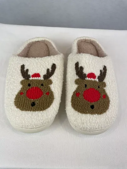 Christmas Reindeer Print Soft Plush Warm House Slippers Indoor Outdoor W 9-9.5