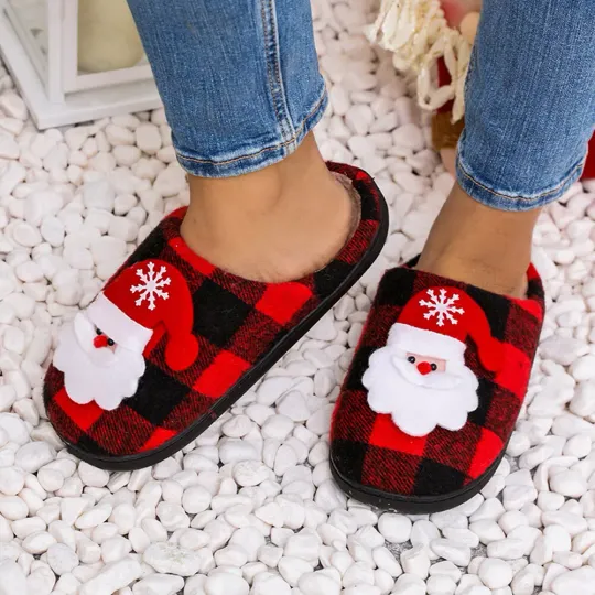 Christmas Plush Closed Toe Slippers Cozy Santa Claus Flat Soft for Winter Indoor
