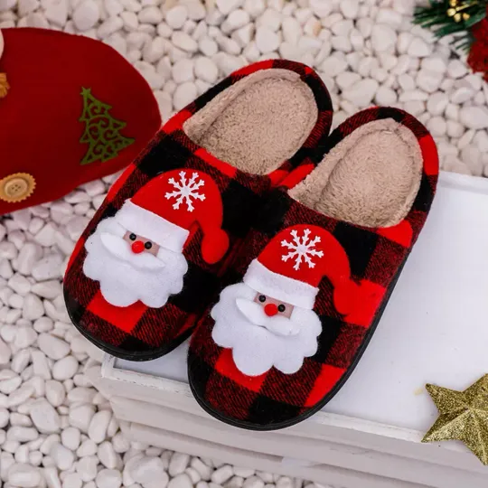 Christmas Fluffy Fur Slippers Plaid Santa Claus Furry Slippers for Winter Indoor