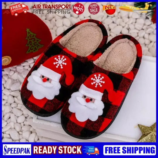 Christmas Indoor Fuzzy Shoes Soft Santa Claus Anti Slip Plaid Household Supplies