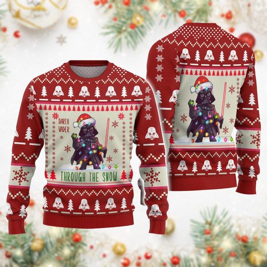 Darth Vader Christmas Ugly Sweater, Star War Movie Xmas Sweatshirt, Disney Character Santa Hat Outfits For Christmas, Holiday Sweater F