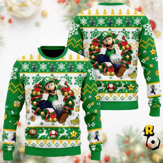 Christmas Super Mario Luigi Ugly Sweater, Luigi Ugly Christmas Sweater, Super Mario Sweater, Super Mario Shirt, Luigi Holiday Sweater