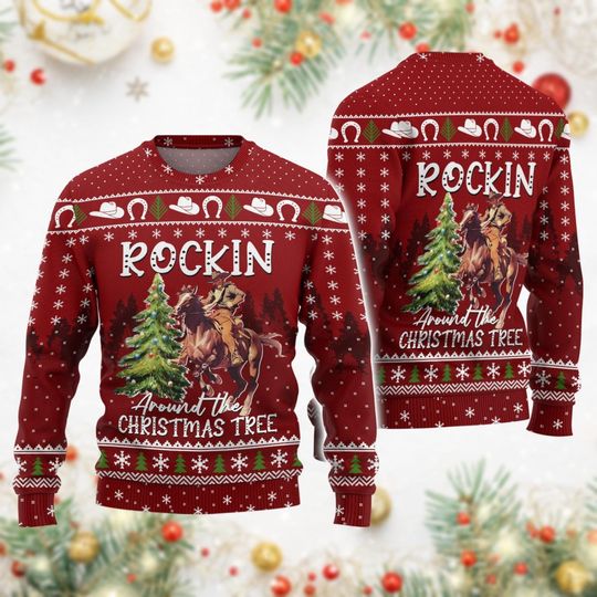 Cowboy Rockin Christmas Ugly Sweater, Rockin Around The Xmas Tree Sweatshirt, Cowboy Santa Sweater, Vintage Western Shirt For Men
