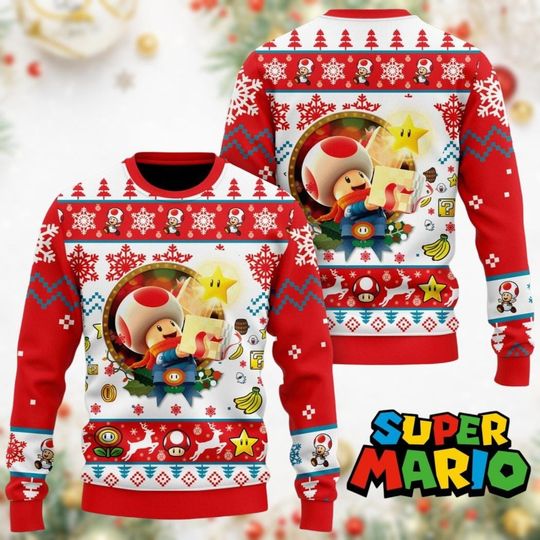 Christmas Mario Toad Ugly Sweater, Mario Gamer Toad Sweater, Toad Mushroom Xmas Sweater, Mario Game Gaming Shirt, Toad Holiday Sweater