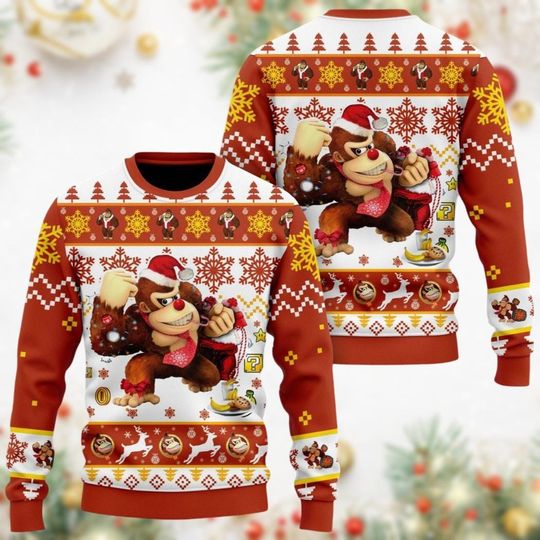 Donkey Kong Christmas Ugly Sweater, Super Mario Xmas Sweater, Mario Diddy Kong Santa Hat Shirt, Super Mario Game Holiday Sweater
