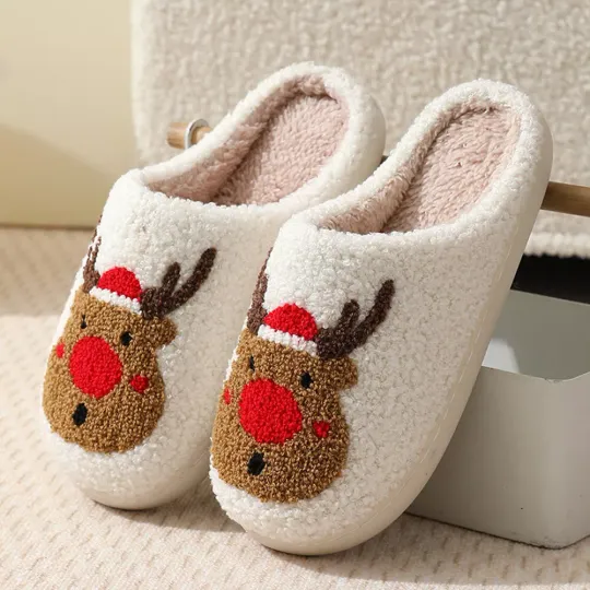 Discover Christmas Deer Slippers Indoor Warm Slipper Anti Slip Women Men Bedroom Slipper