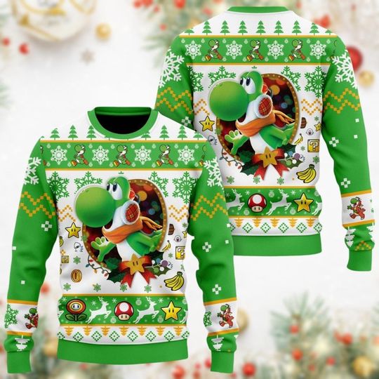 Christmas Mario Yoshi Ugly Sweater, Yoshi Cute Santa Clause Sweater, Super Mario Game Xmas Shirt, Gaming Birthday Party Shirt