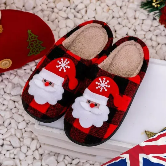 Christmas Indoor Fuzzy Shoes Cozy Santa Claus Anti Slip Plaid Household Supplies