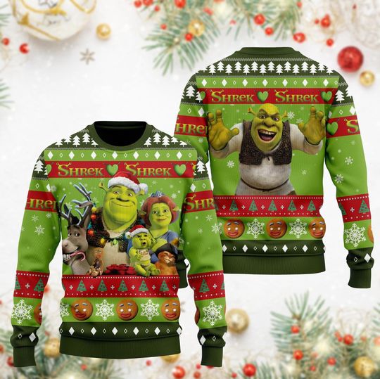 Christmas Shrek Ugly Sweater, Shrek Face Meme Ugly Shirt, Shrek Gingerbread Santa Clause Sweatshirt, Fiona And Shrek Movie Xmas Sweater