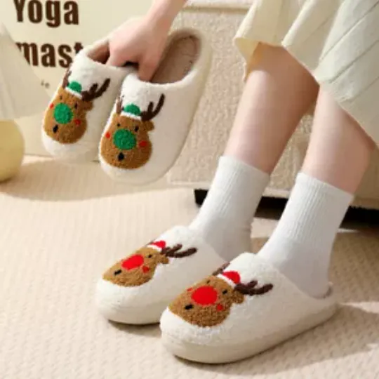 Christmas Cotton Plush Slippers Women Home Indoor Winter Slippers Flat Shoes