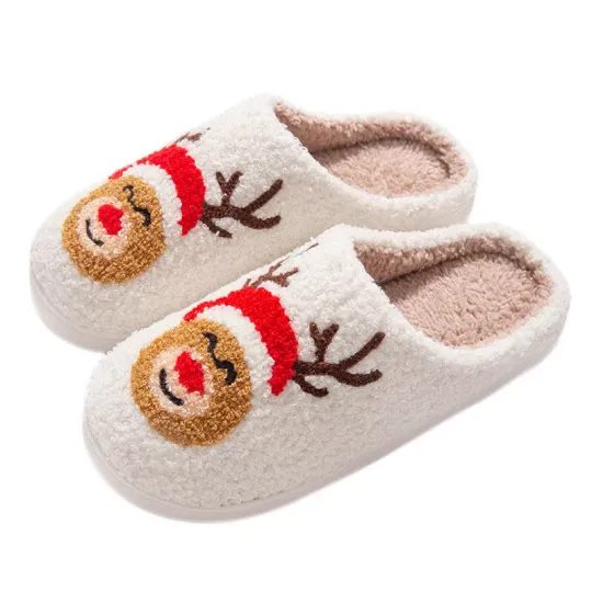 ♥ Christmas Elk Plush Slippers Anti Slip Furry Reindeer Slipper for Indoor Bedro