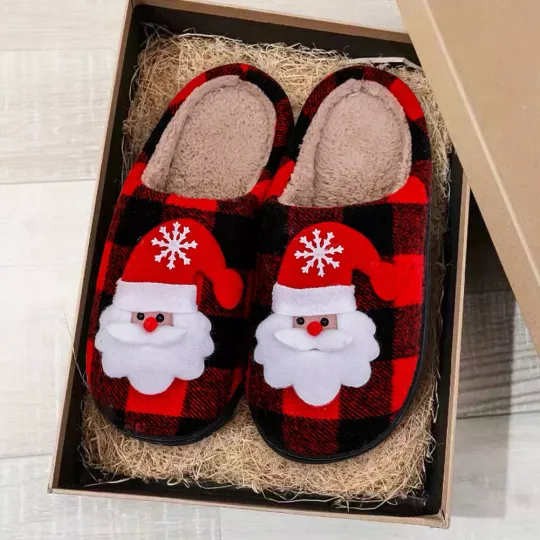 Christmas Indoor Fuzzy Shoes Soft Santa Claus Anti Slip Plaid Household Supplies