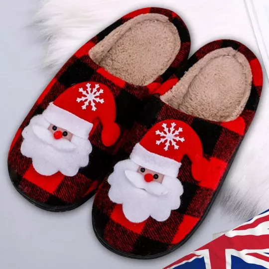 Christmas Fluffy Fur Slippers Plaid Santa Claus Furry Slippers for Winter Indoor