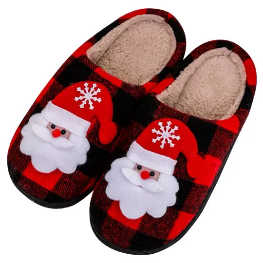 Christmas Indoor Fuzzy Shoes Cozy Santa Claus Anti Slip Plaid Household Supplies