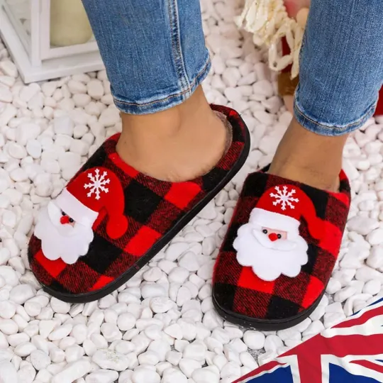 Christmas Fluffy Fur Slippers Cozy Santa Claus Anti Slip Plaid for Winter Indoor