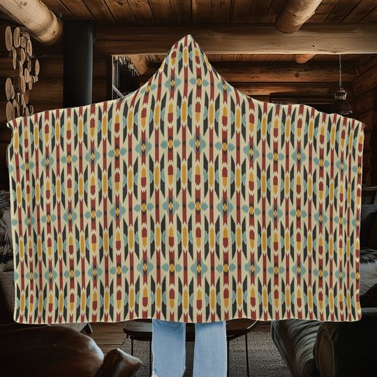 Cozy Hoodie Blanket, Tribal Fall Design, Snuggle Wearable Blanket, Warm Fleece Pullover, Comfy Throw Poncho, Thanksgiving Gift Idea