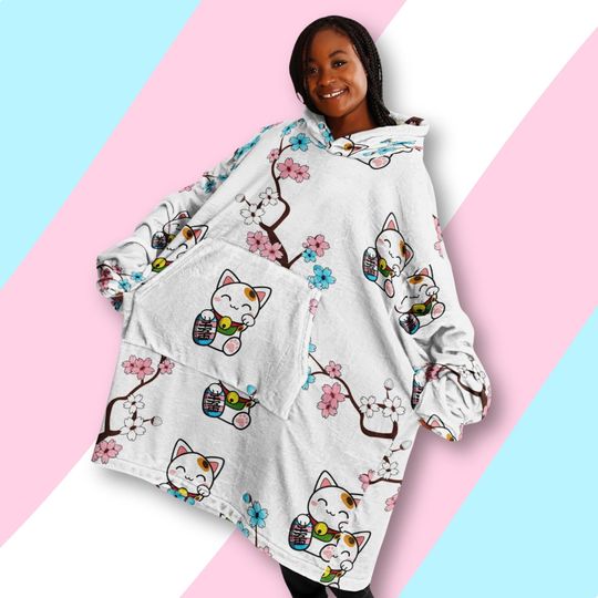 Lucky Cat Trans Hoodie Blanket, Oversized Trans Hoodie, Trans Blanket, Trans Pride, Trans Rights Sweatshirt,, Subtle Pride, Transgender Gift