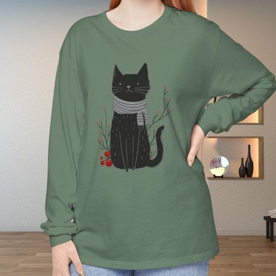 Cute Cat Long Sleeve Comfort Color shirt, Black Cat Scarf Shirt Country Cat Lover Gift, Cat Mom Sweater Gift, Holiday Hoodie Teacher Gift