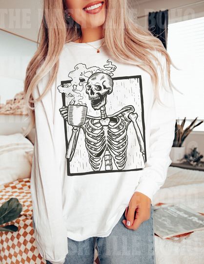 Skeleton Drinking Coffee Shirt, Comfort Colors Long Sleeve shirt Death Before Decaf shirt, Cute Halloween Shirt, Vintage Inspired