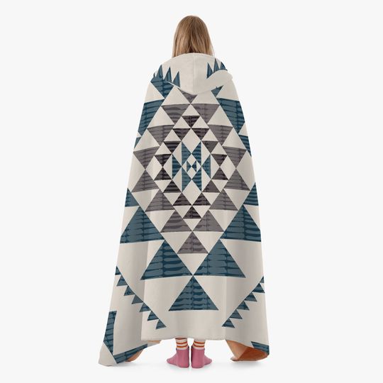 Southwest Native Inspired Navajo Bohemian Hoodie Blanket - Dual-Sided Stitched Warm Wearable Blanket - Cozy Tribal Fleece Wrap