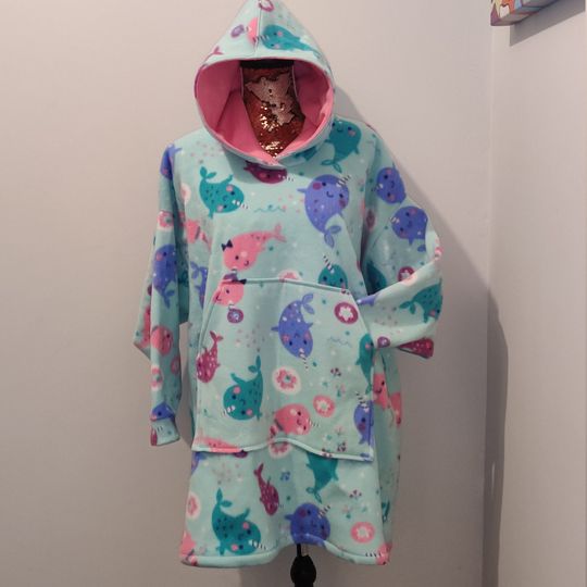 Handmade Fleece Narwhal with Donuts Kids Hoodie Blanket