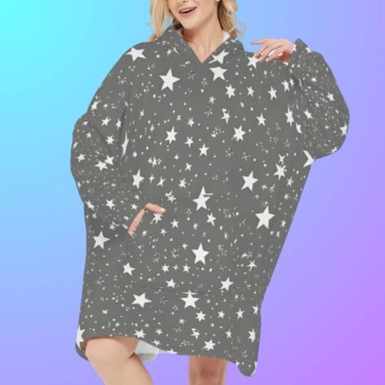 Starry Night Fleece Hoodie Blanket - Cozy Gray Oversized Hooded Sweatshirt with White Stars Soft & Washable Celestial Loungewear