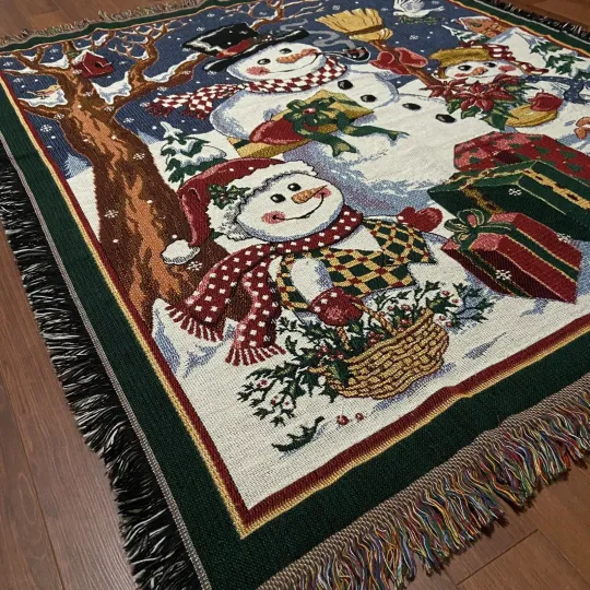 Vtg Christmas Throw Holiday Snowman Woven Tapestry Blanket 46x53 Cottagecore Fam