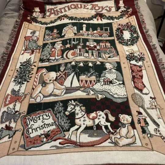 Antique Toys Throw Blanket Christmas 45”X 65” Burgundy Green Tan Fringe Woven