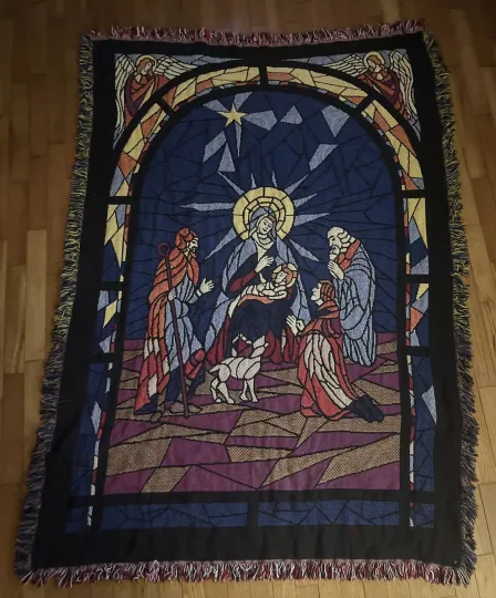 Nativity Scene Woven Tapestry Throw Blanket Christmas Holy Stain Glass Jesus