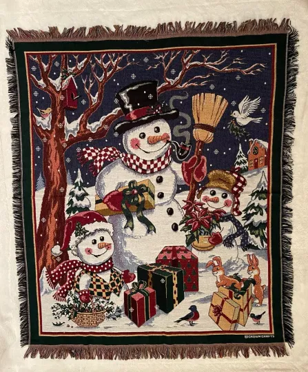 Vintage Woven Tapestry BLANKET Throw CHRISTMAS Snowman Scene CROWN CRAFTS