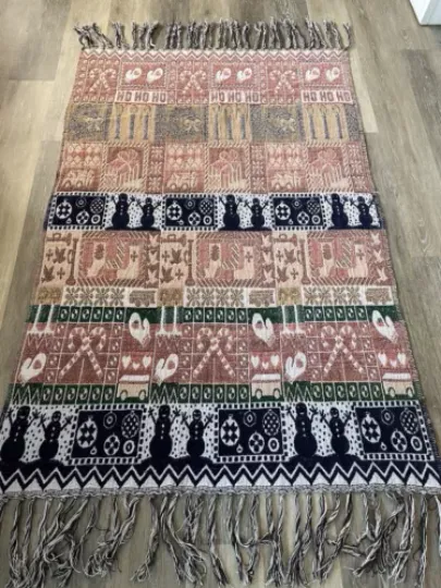 Vintage fringed woven Christmas multicolor snowmen candy cane 68”x36” throw, U2