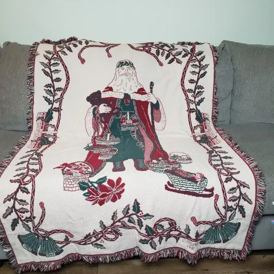 Vtg Christmas Throw Blanket Woven Tapestry Wall Hanging Saint Nicholas Santa