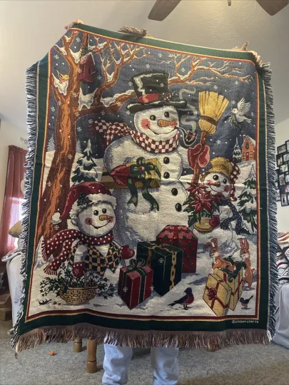 Vintage Woven Tapestry BLANKET Throw CHRISTMAS Snowman Scene CROWN CRAFTS