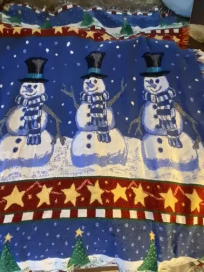 Vintage Snowman Warm Soft Woven Tapestry Throw Blanket Fringe 55” X 39”