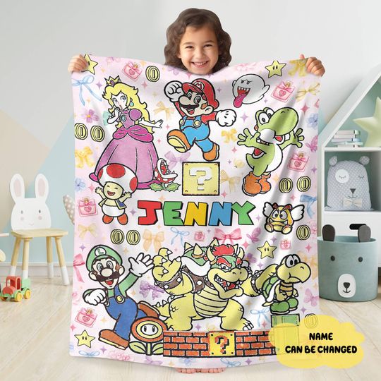 Personalized Super Mario Watercolor Coquette Blanket, Custom Name Mario Blanket, Mario Bowser Luigi Princess Peach Blanket, Birthday Gifts